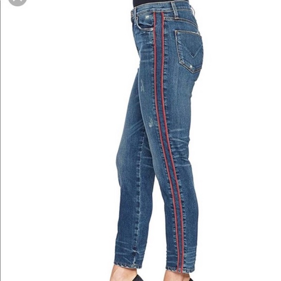 Hudson Jeans Zoeey Ankle Straight Leg Red Tuxedo Stripe Distressed Size 24 - Picture 1 of 16